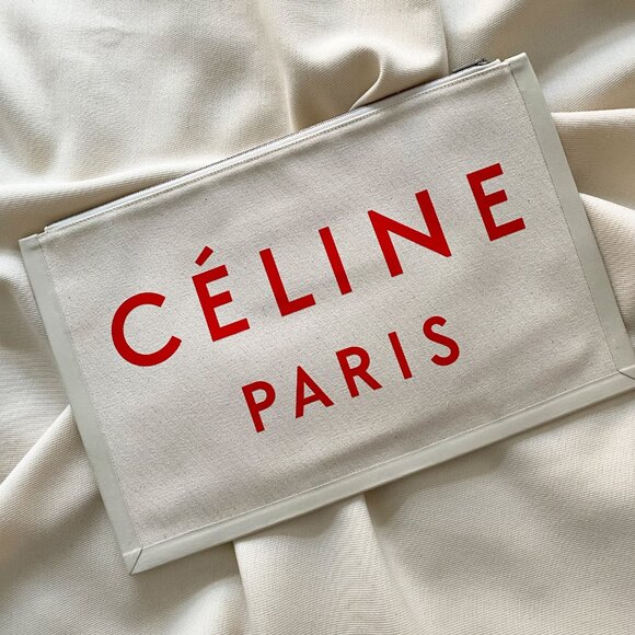 Celine "Made In" Canvas Clutch with Red Font. - Picture 2 of 14